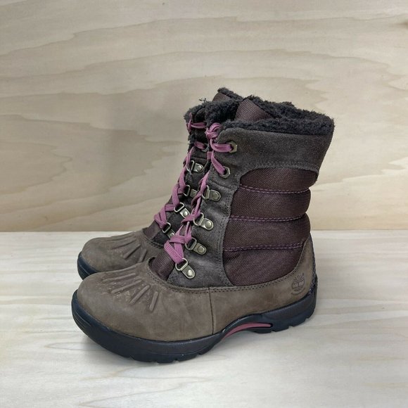 Timberland Girls Leather Waterproof Insulated Snow Boots Brown Lace Up 9391 Sz 1 - Picture 3 of 7